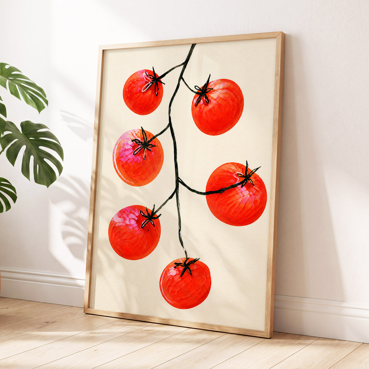 Tomato Tangle, red, beige, black nature wall art displayed in a styled interior, gallery view 9