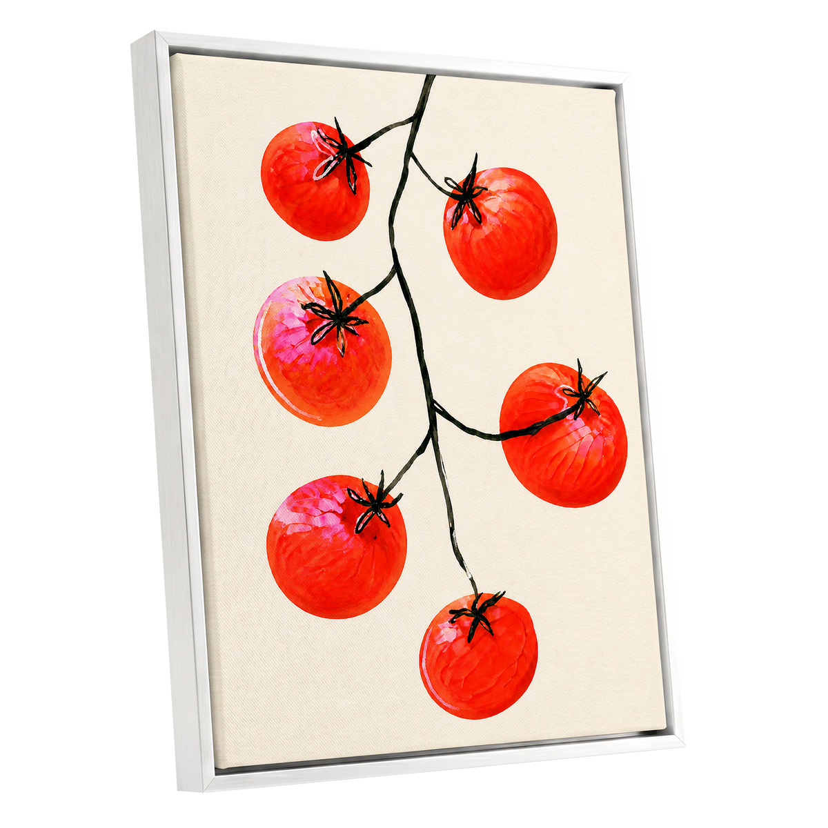 Tomato Tangle, red, beige, black nature wall art shown as a white framed canvas wall art