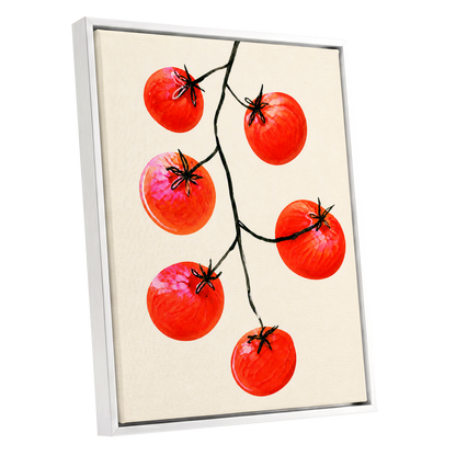 Tomato Tangle, red, beige, black nature wall art shown as a white framed canvas wall art