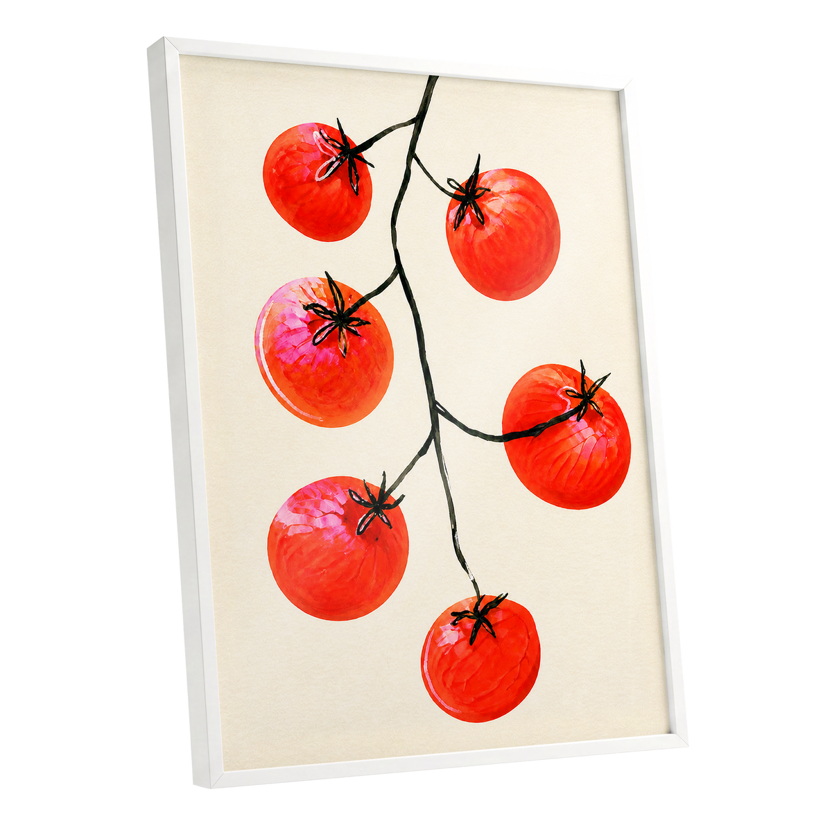 Tomato Tangle, red, beige, black nature wall art shown as a white framed poster wall art print