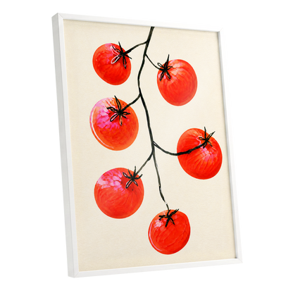 Tomato Tangle, red, beige, black nature wall art shown as a white framed poster wall art print