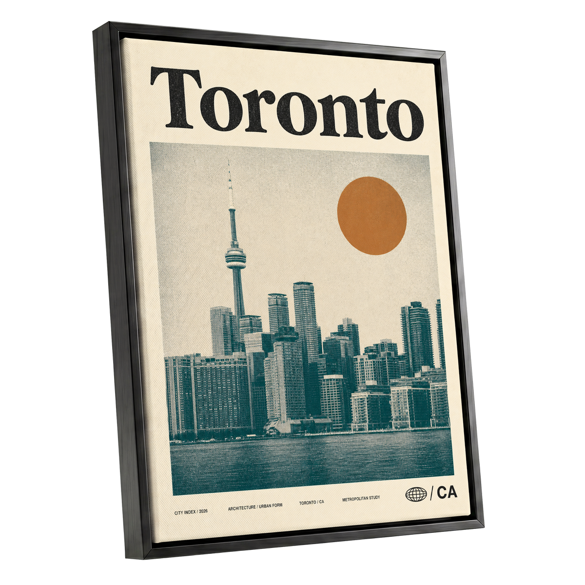 Toronto Sun Study, beige, green, orange minimalist wall art shown as a black framed canvas wall art