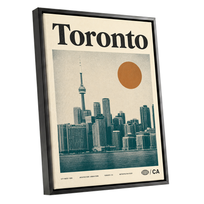 Toronto Sun Study, beige, green, orange minimalist wall art shown as a black framed canvas wall art