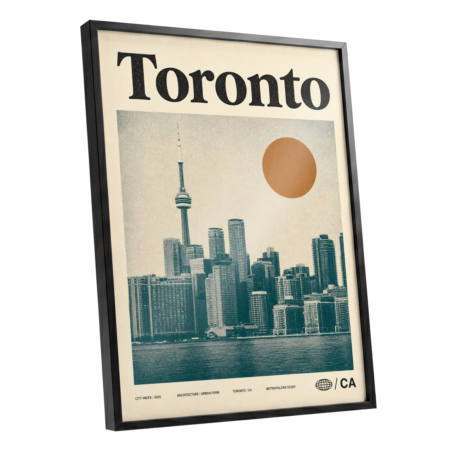 Toronto Sun Study, beige, green, orange minimalist wall art shown as a black framed poster wall art print