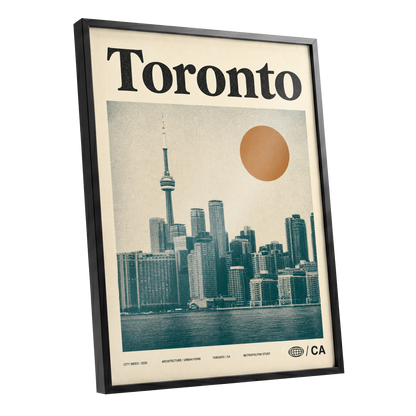 Toronto Sun Study, beige, green, orange minimalist wall art shown as a black framed poster wall art print