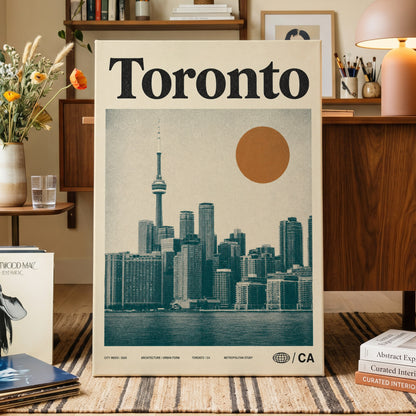Toronto Sun Study, beige, green, orange minimalist wall art on canvas displayed in a styled interior, gallery view 1
