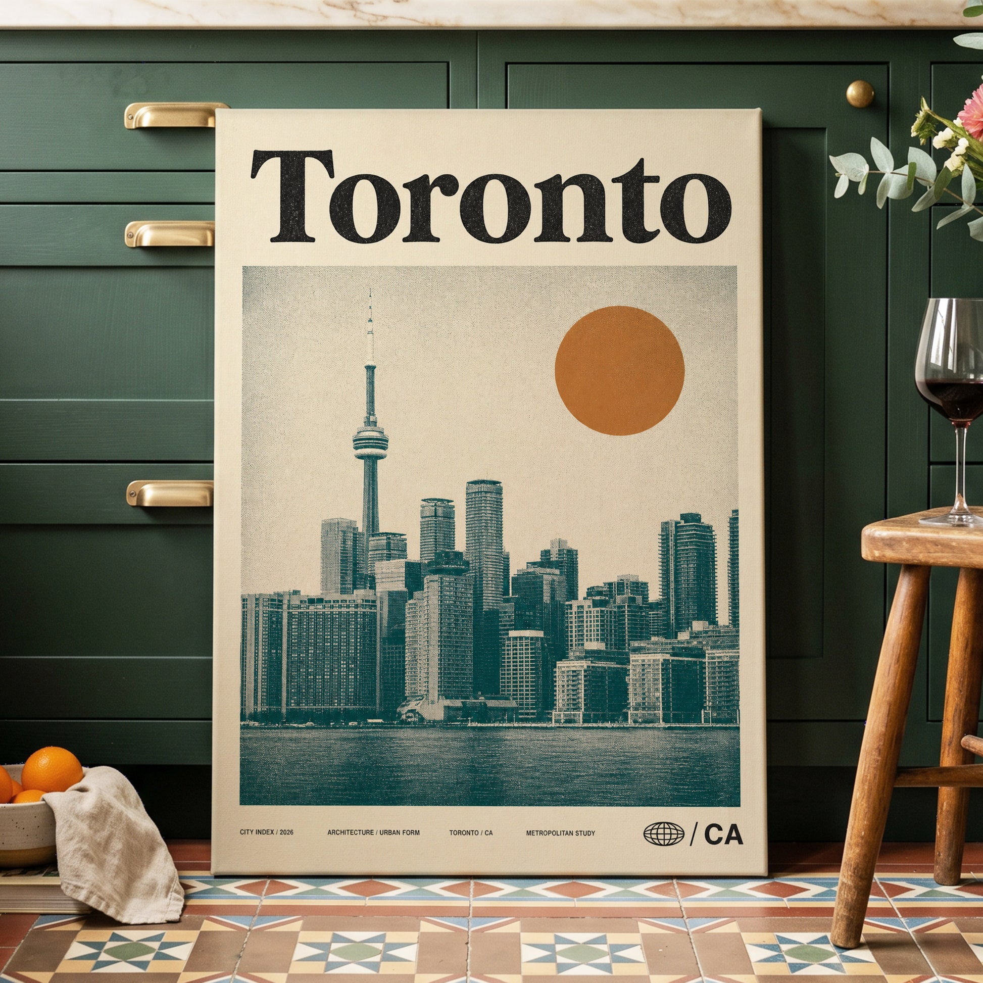 Toronto Sun Study, beige, green, orange minimalist wall art on canvas displayed in a styled interior, gallery view 2