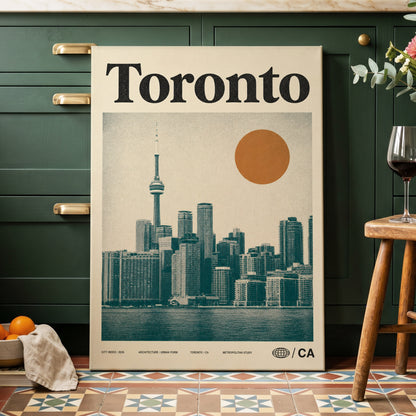 Toronto Sun Study, beige, green, orange minimalist wall art on canvas displayed in a styled interior, gallery view 2