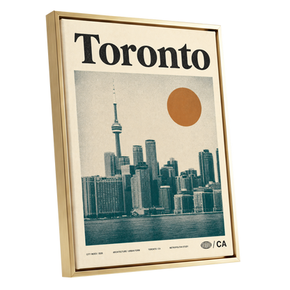 Toronto Sun Study, beige, green, orange minimalist wall art shown as a gold framed canvas wall art