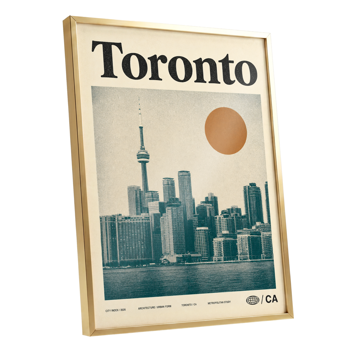 Toronto Sun Study, beige, green, orange minimalist wall art shown as a gold framed poster wall art print