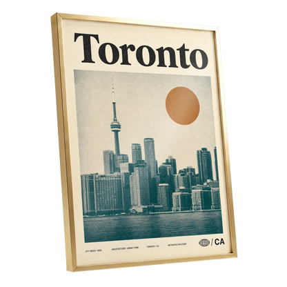 Toronto Sun Study, beige, green, orange minimalist wall art shown as a gold framed poster wall art print