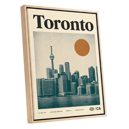 Toronto Sun Study, beige, green, orange minimalist wall art shown as a oak framed canvas wall art