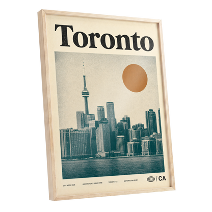 Toronto Sun Study, beige, green, orange minimalist wall art shown as a oak framed poster wall art print