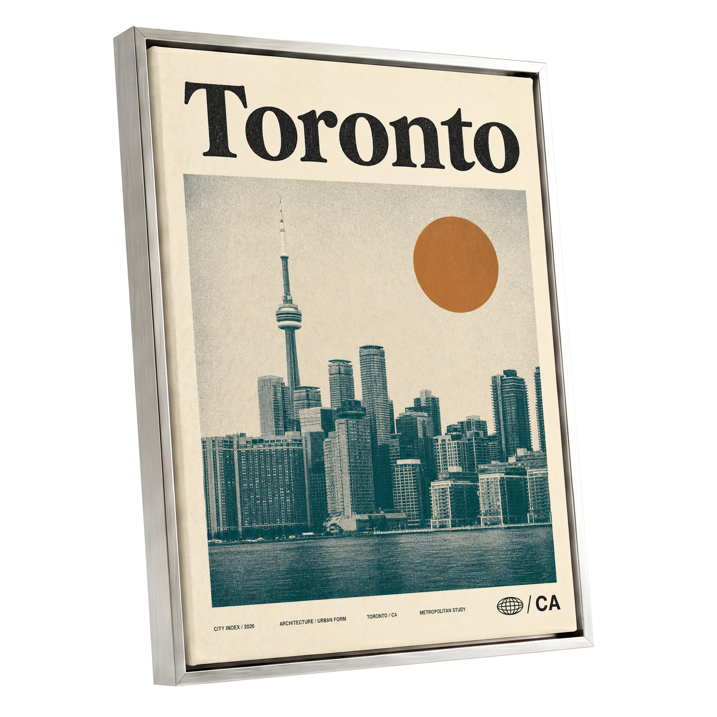 Toronto Sun Study, beige, green, orange minimalist wall art shown as a silver framed canvas wall art