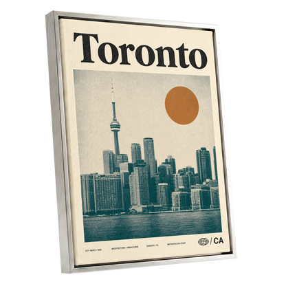 Toronto Sun Study, beige, green, orange minimalist wall art shown as a silver framed canvas wall art