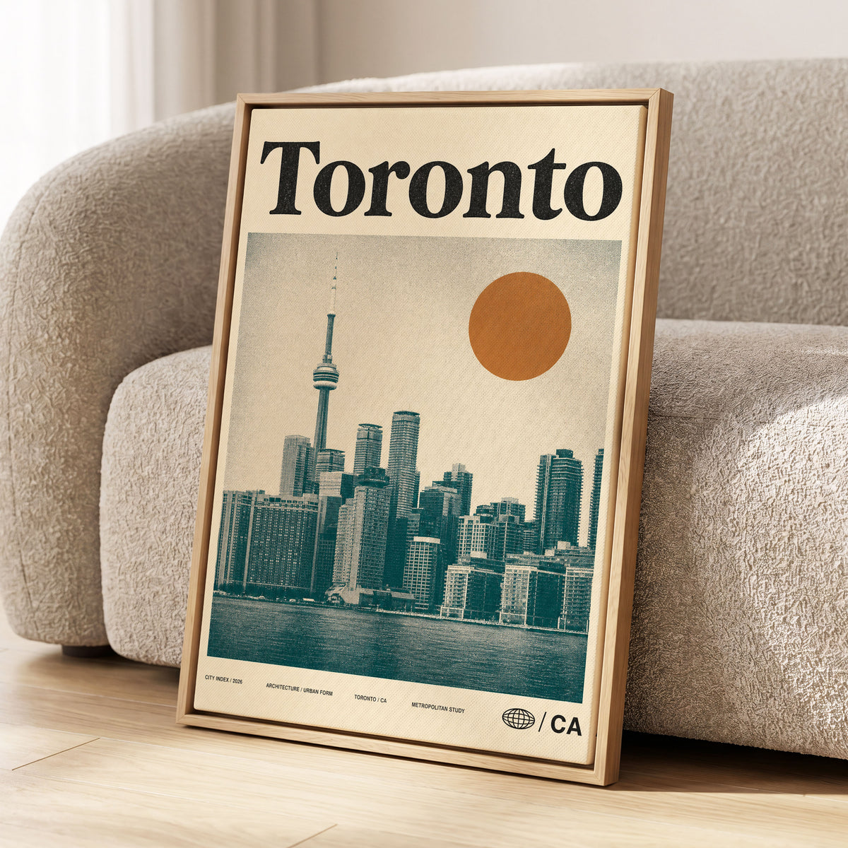 Toronto Sun Study, beige, green, orange minimalist wall art displayed in a styled interior, gallery view 1