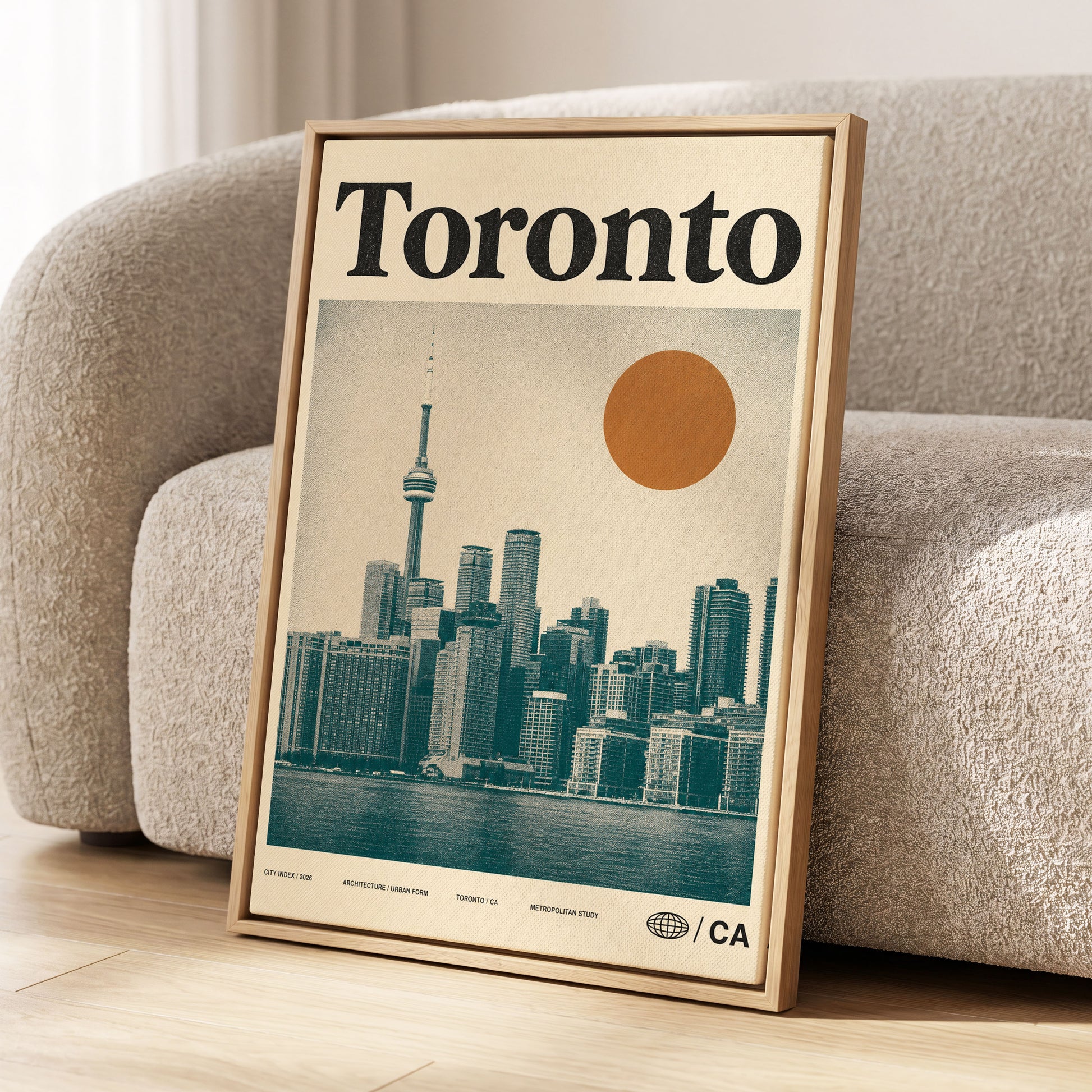 Toronto Sun Study, beige, green, orange minimalist wall art displayed in a styled interior, gallery view 1