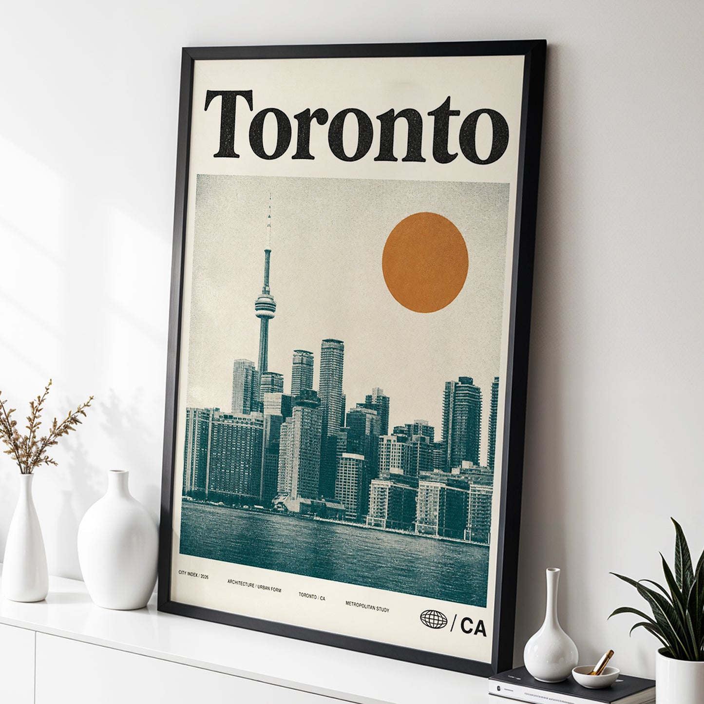 Toronto Sun Study, beige, green, orange minimalist wall art displayed in a styled interior, gallery view 2