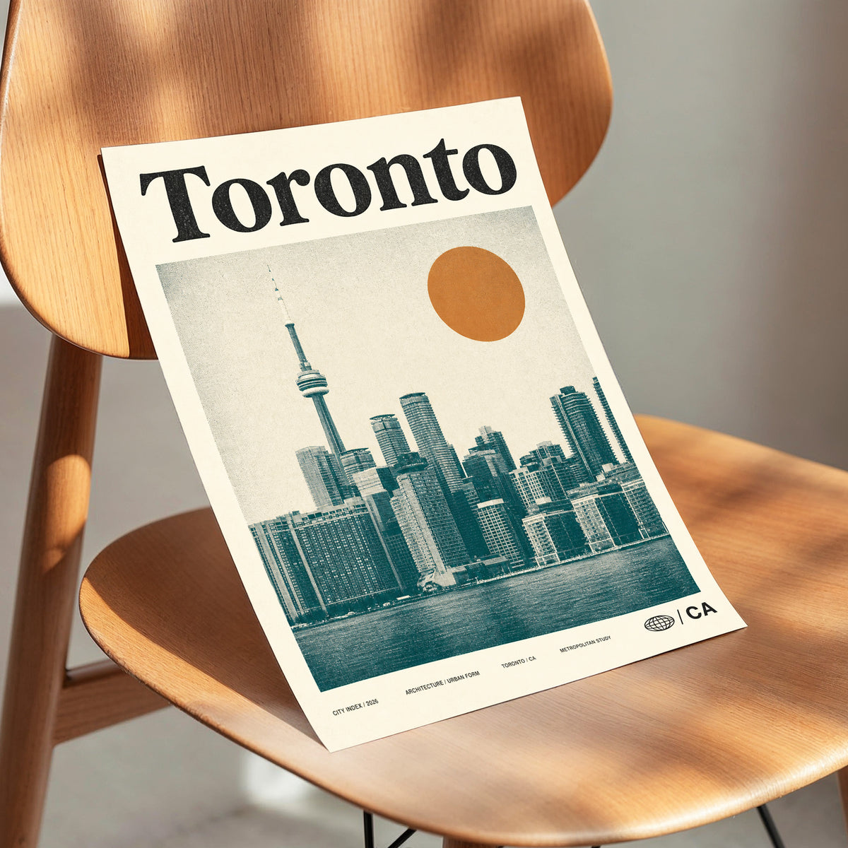 Toronto Sun Study, beige, green, orange minimalist wall art displayed in a styled interior, gallery view 3