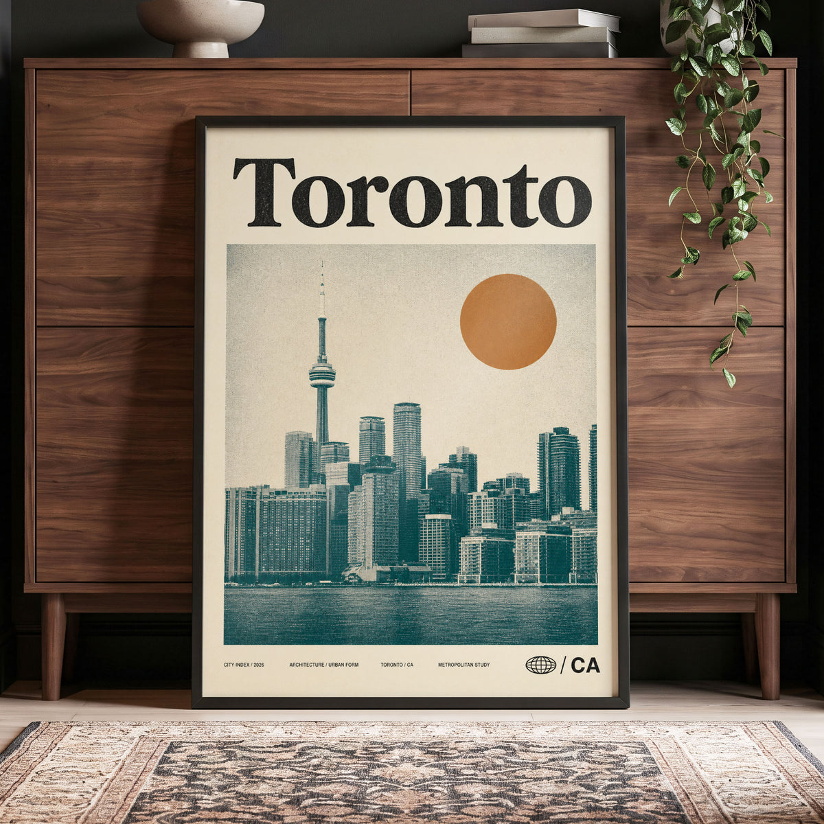 Toronto Sun Study, beige, green, orange minimalist wall art displayed in a styled interior, gallery view 4