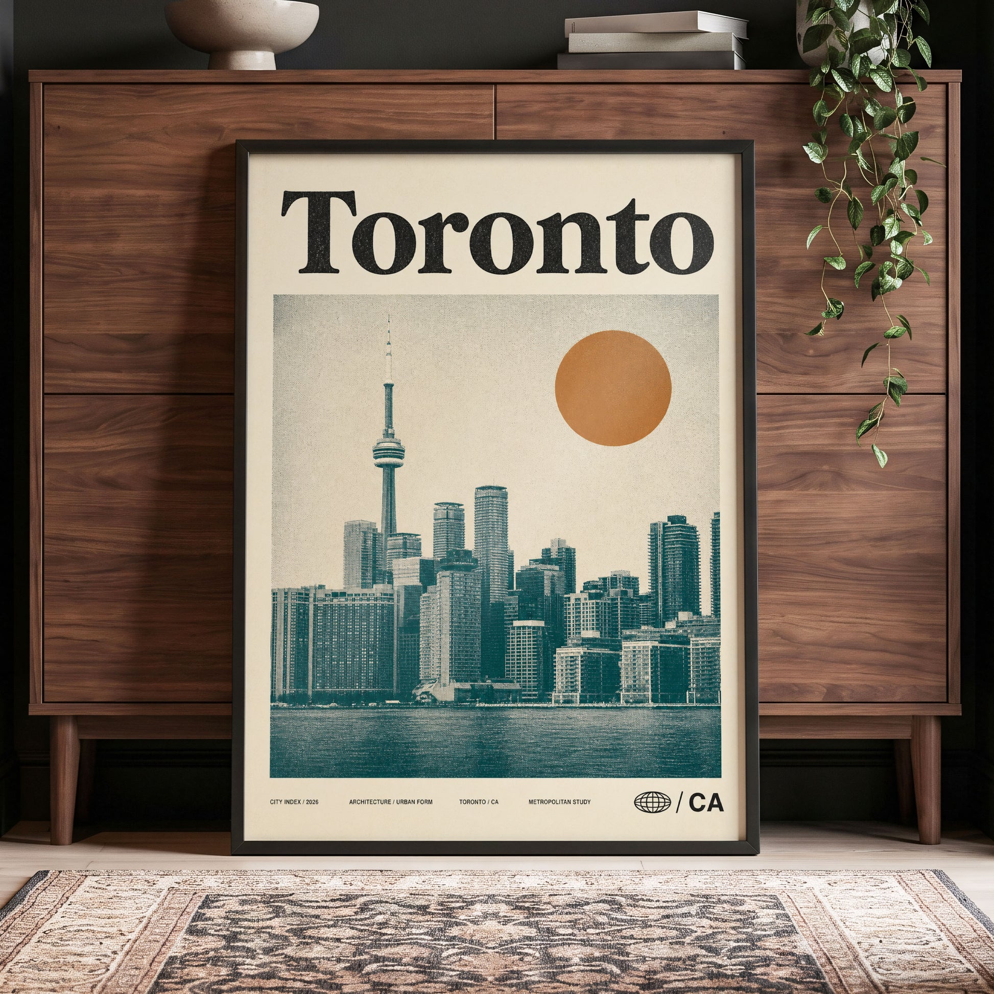 Toronto Sun Study, beige, green, orange minimalist wall art displayed in a styled interior, gallery view 4