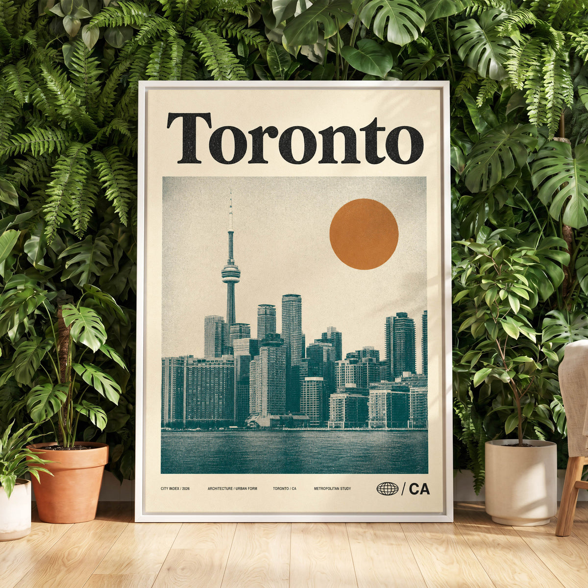 Toronto Sun Study, beige, green, orange minimalist wall art displayed in a styled interior, gallery view 5