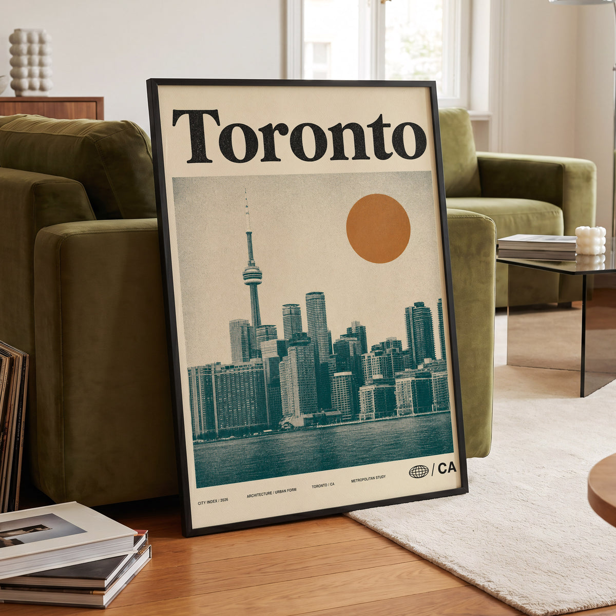 Toronto Sun Study, beige, green, orange minimalist wall art displayed in a styled interior, gallery view 6