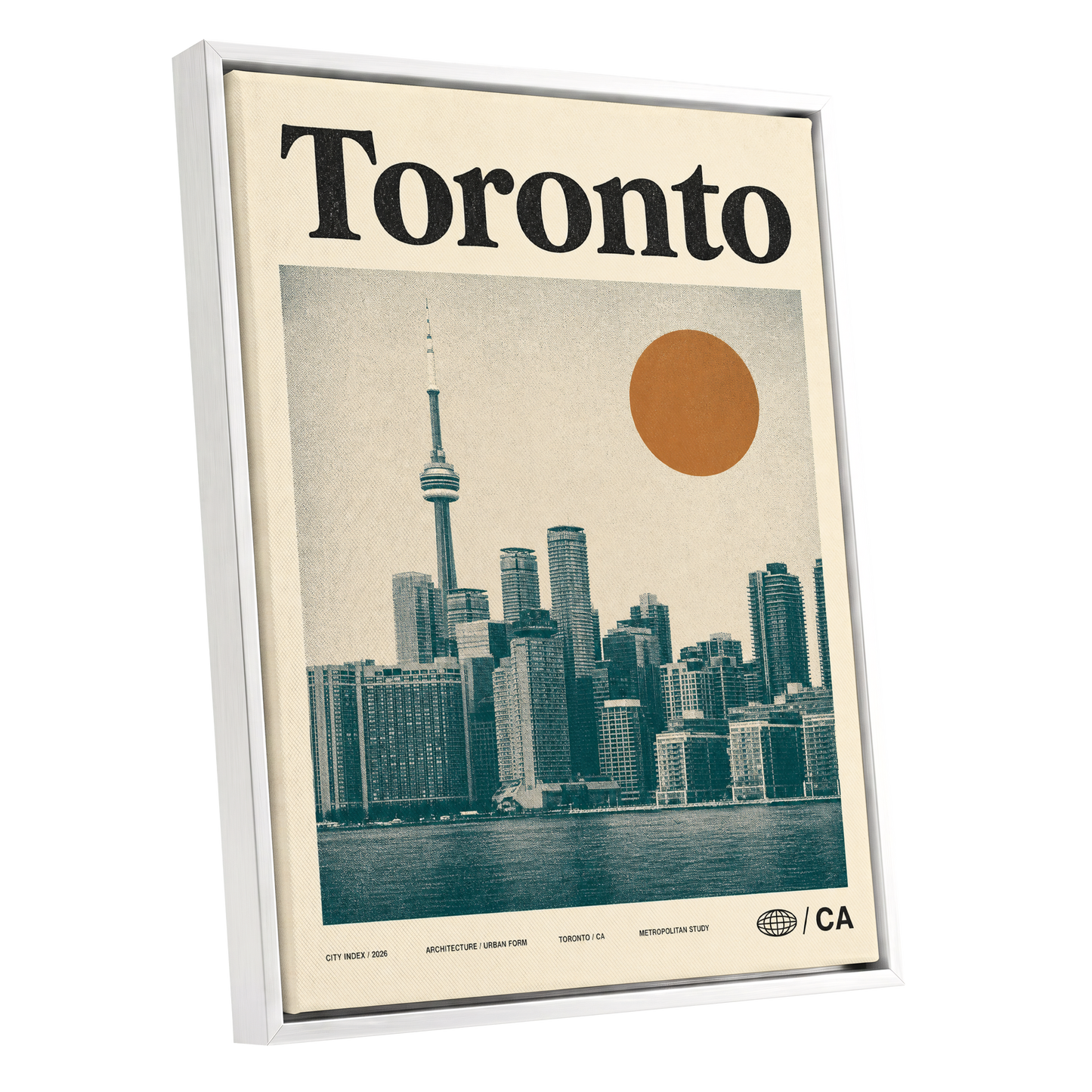 Toronto Sun Study, beige, green, orange minimalist wall art shown as a white framed canvas wall art