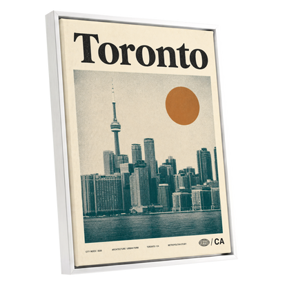 Toronto Sun Study, beige, green, orange minimalist wall art shown as a white framed canvas wall art