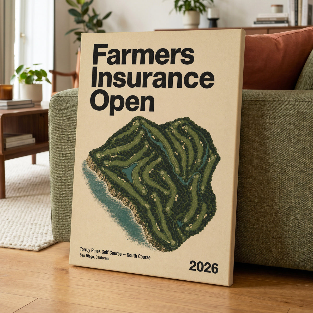 Torrey Pines Open, black, green, beige nature wall art on canvas displayed in a styled interior, gallery view 1