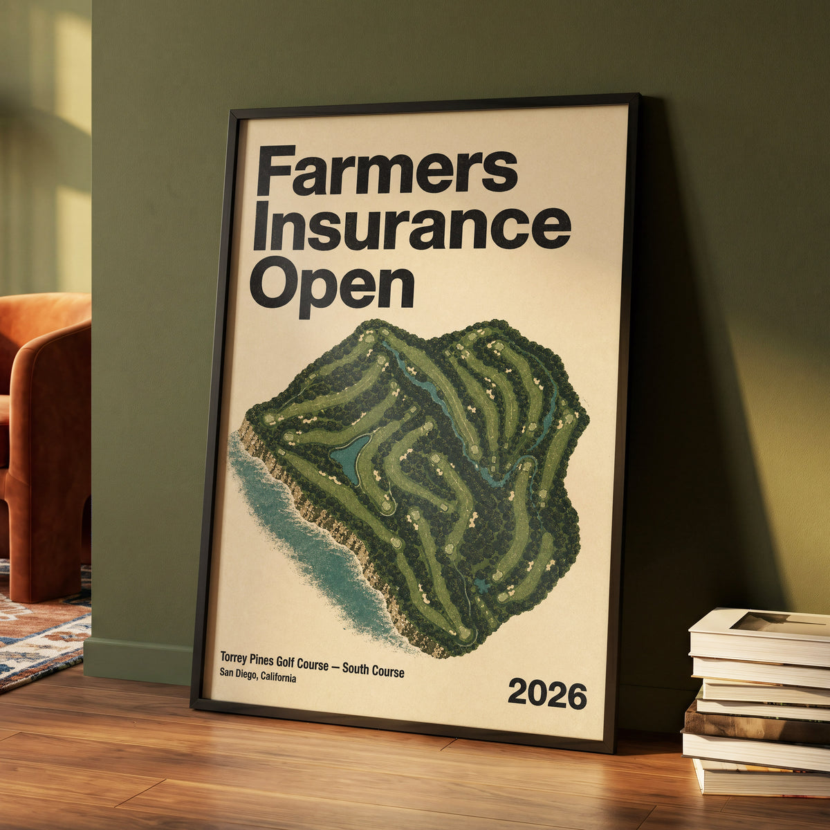 Torrey Pines Open, black, green, beige nature wall art displayed in a styled interior, gallery view 4