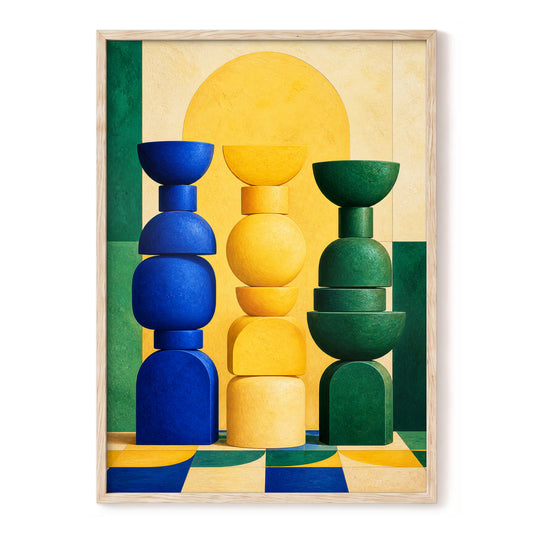 Totemic Balance, blue, green, gold minimalist wall art, front artwork view