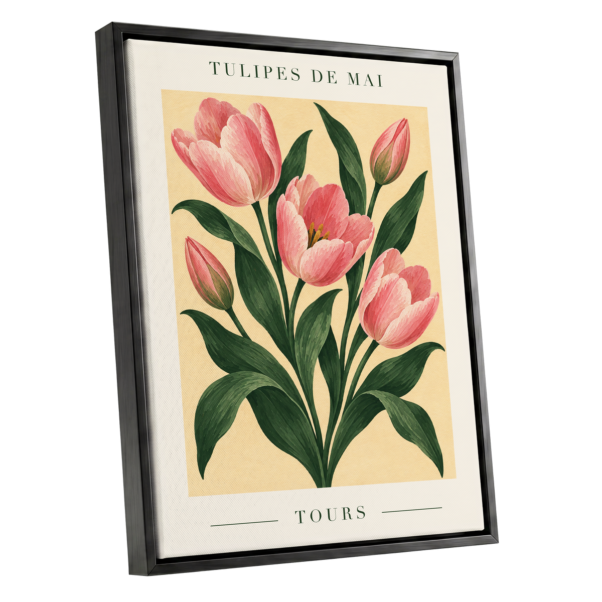 Tours in Bloom, pink, green, beige floral wall art shown as a black framed canvas wall art