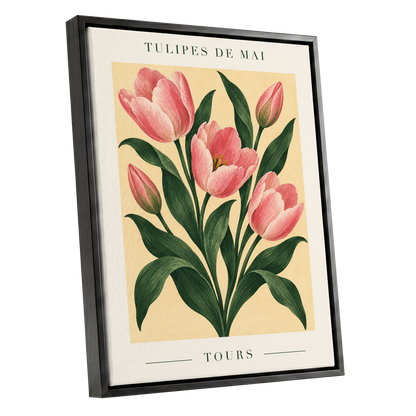 Tours in Bloom, pink, green, beige floral wall art shown as a black framed canvas wall art
