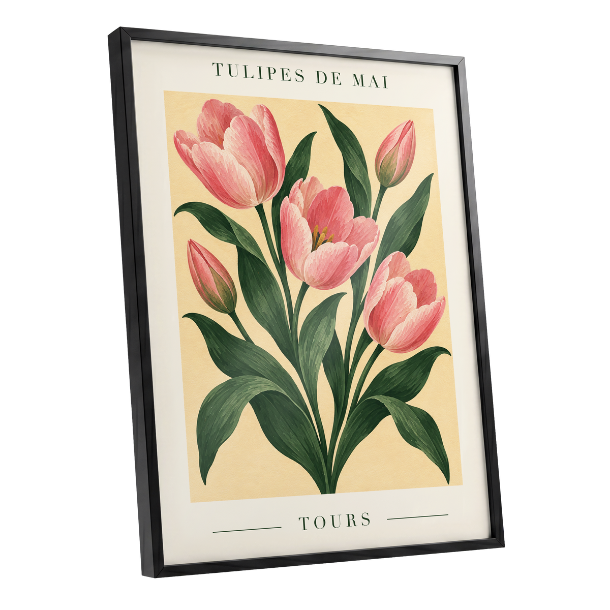 Tours in Bloom, pink, green, beige floral wall art shown as a black framed poster wall art print