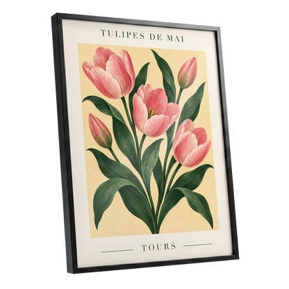 Tours in Bloom, pink, green, beige floral wall art shown as a black framed poster wall art print