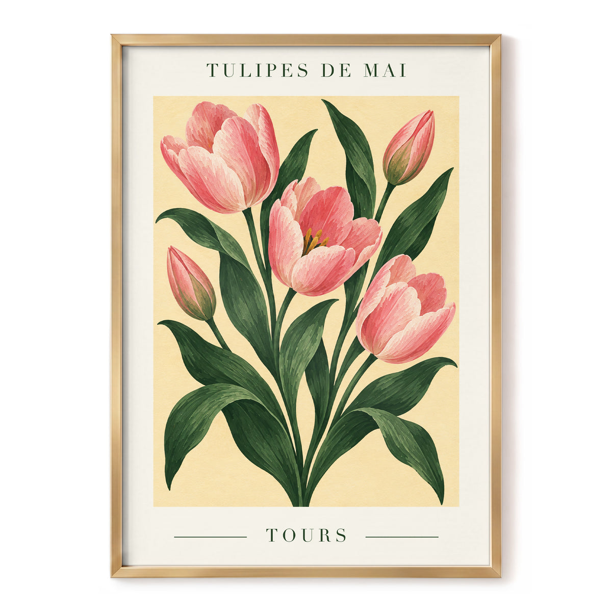 Tours in Bloom, pink, green, beige floral wall art, front artwork view