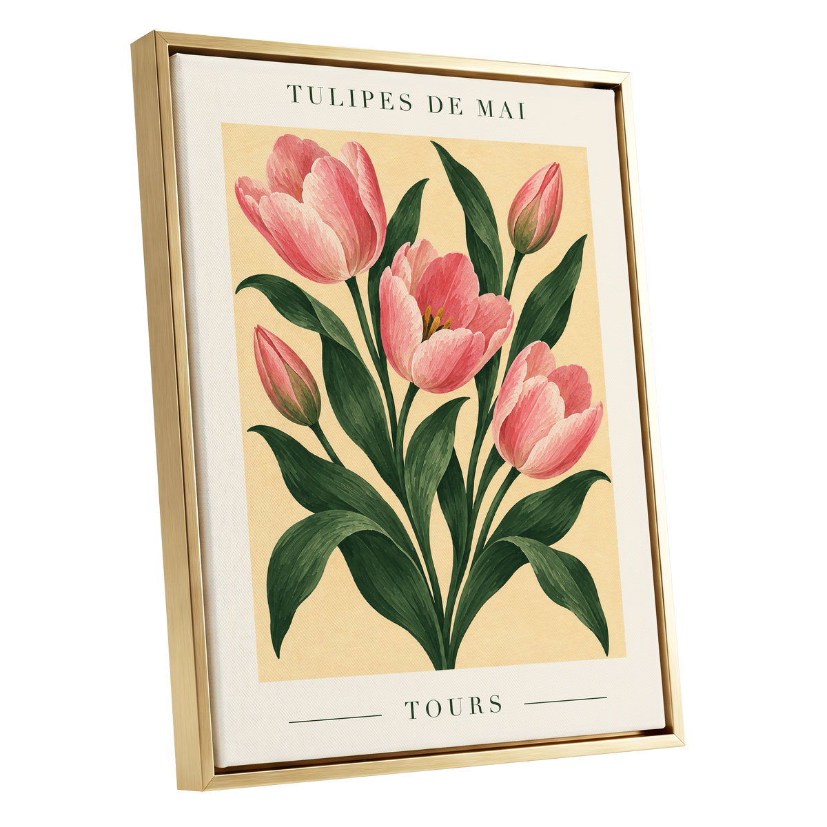 Tours in Bloom, pink, green, beige floral wall art shown as a gold framed canvas wall art