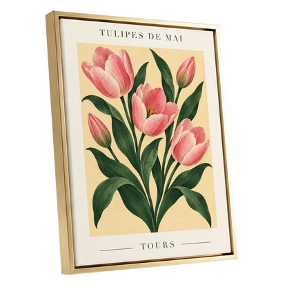 Tours in Bloom, pink, green, beige floral wall art shown as a gold framed canvas wall art