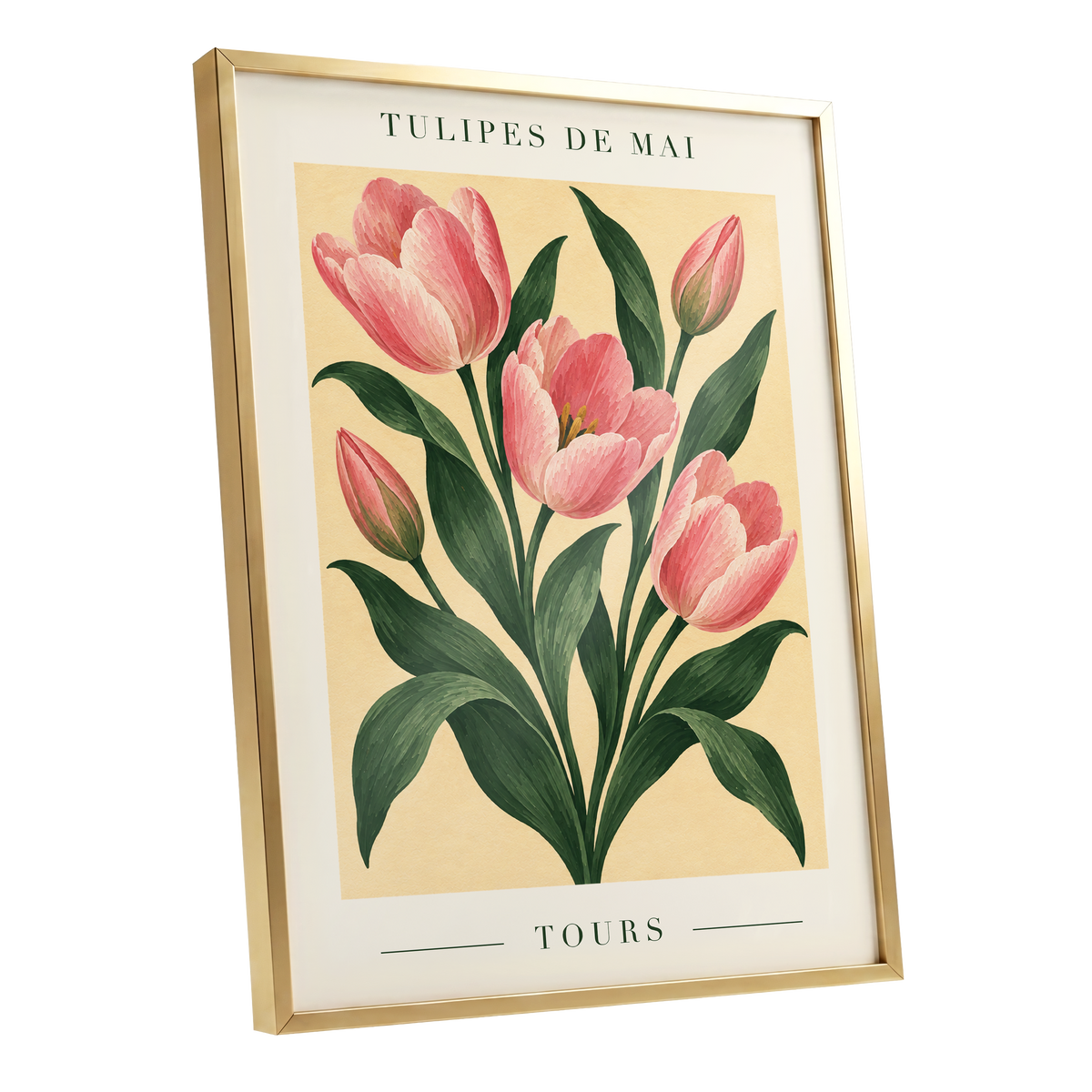 Tours in Bloom, pink, green, beige floral wall art shown as a gold framed poster wall art print
