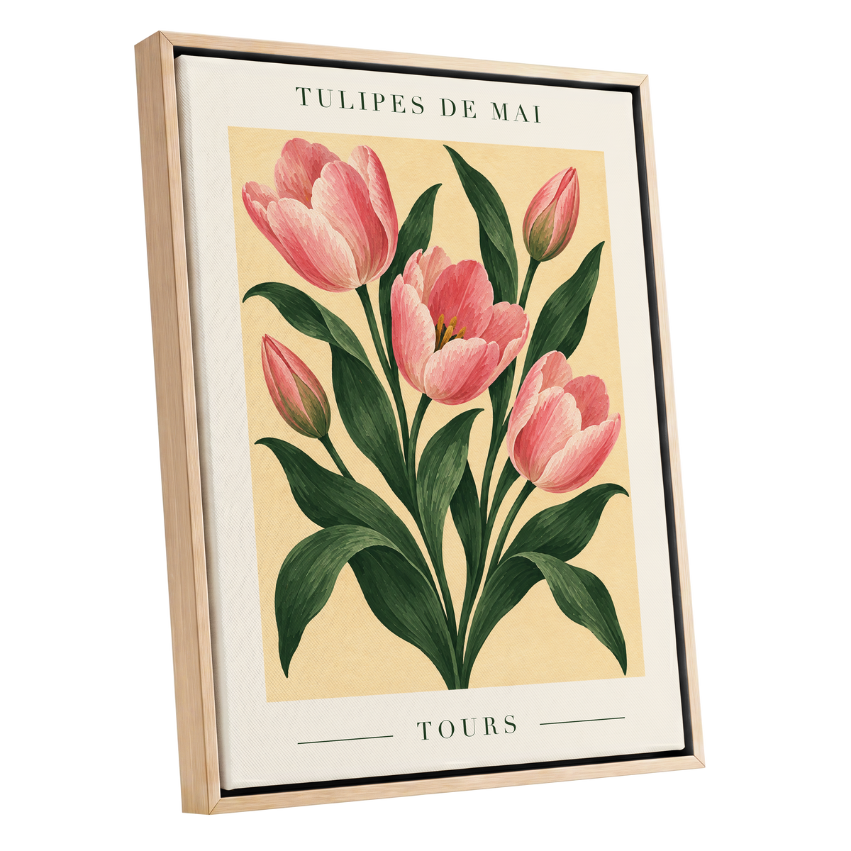 Tours in Bloom, pink, green, beige floral wall art shown as a oak framed canvas wall art