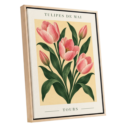 Tours in Bloom, pink, green, beige floral wall art shown as a oak framed canvas wall art
