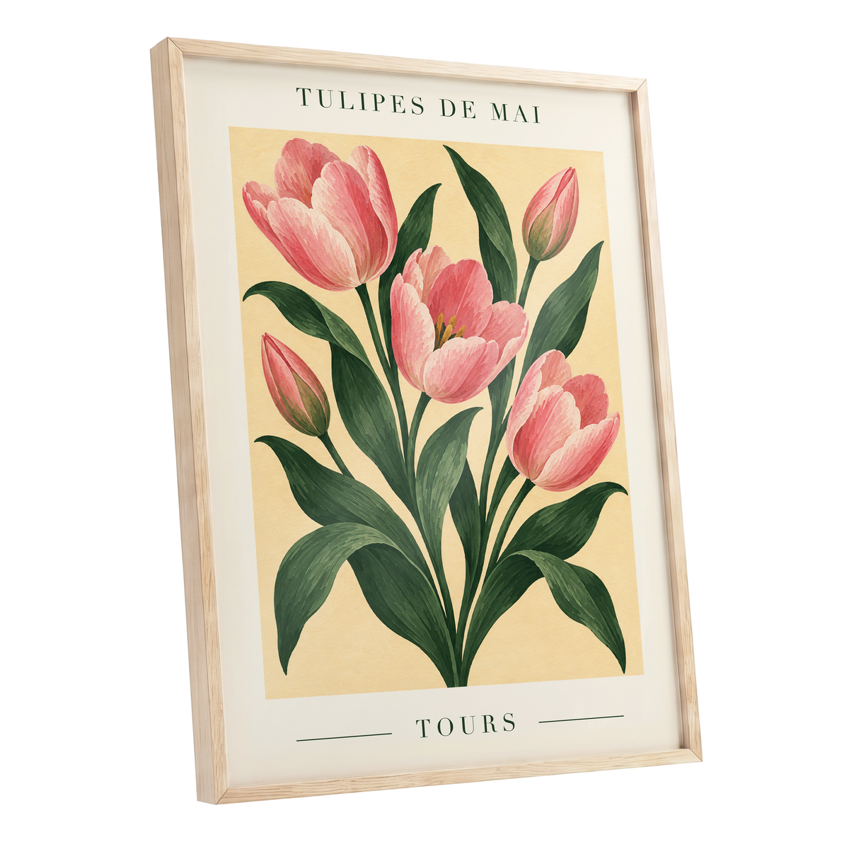 Tours in Bloom, pink, green, beige floral wall art shown as a oak framed poster wall art print