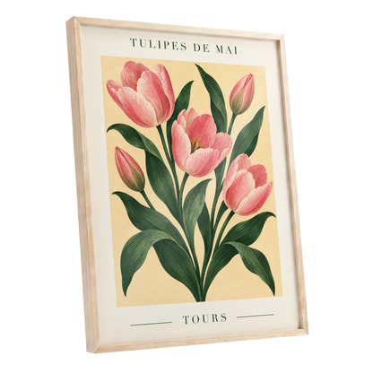 Tours in Bloom, pink, green, beige floral wall art shown as a oak framed poster wall art print