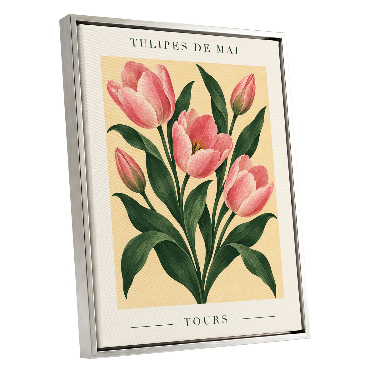 Tours in Bloom, pink, green, beige floral wall art shown as a silver framed canvas wall art