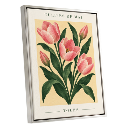 Tours in Bloom, pink, green, beige floral wall art shown as a silver framed canvas wall art
