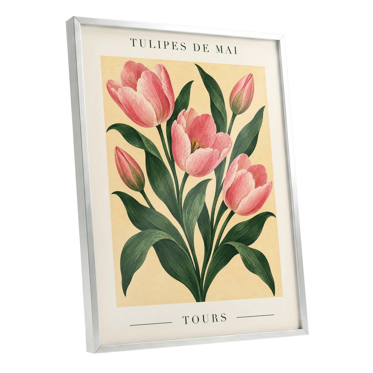 Tours in Bloom, pink, green, beige floral wall art shown as a silver framed poster wall art print