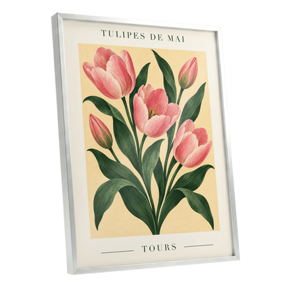 Tours in Bloom, pink, green, beige floral wall art shown as a silver framed poster wall art print