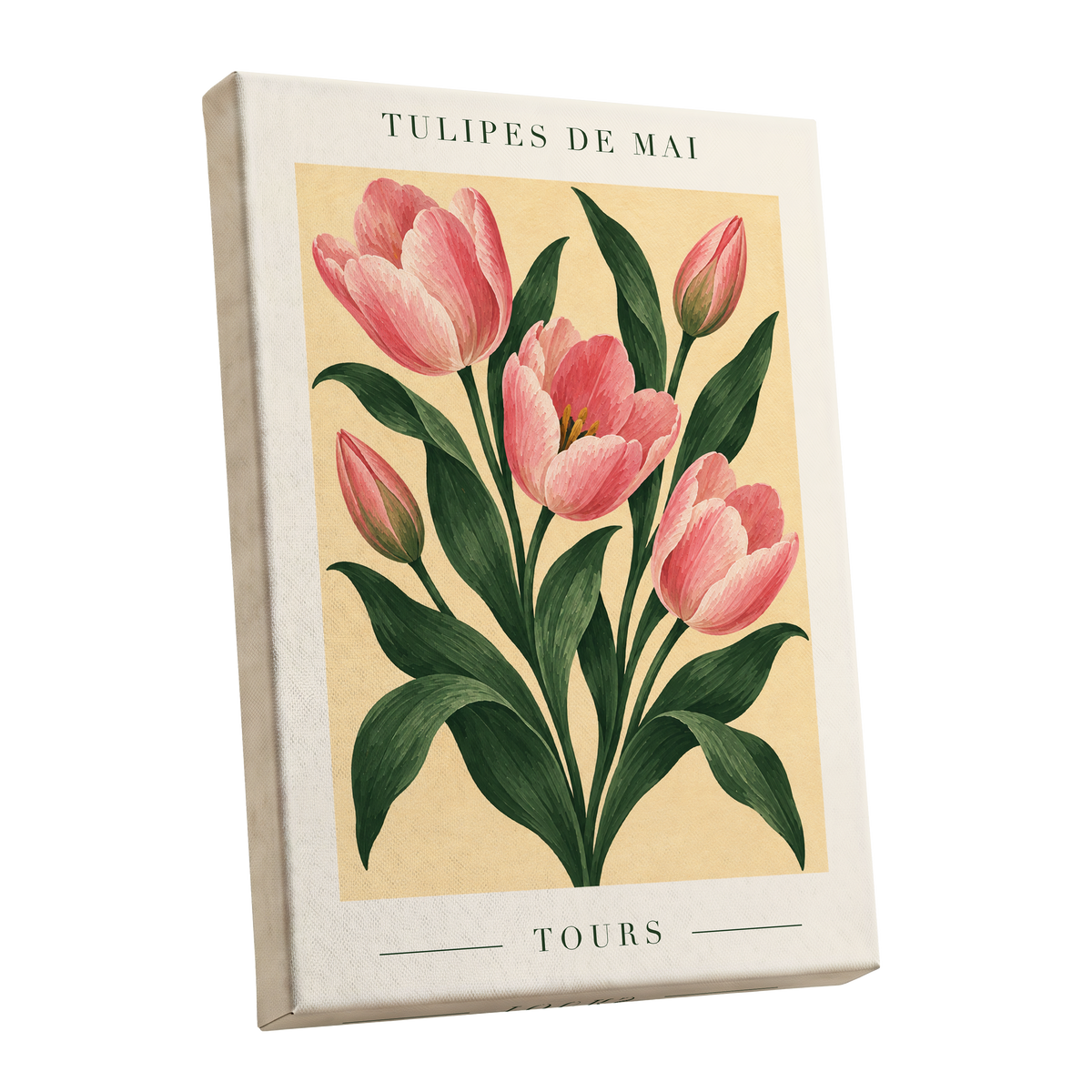 Tours in Bloom, pink, green, beige floral wall art shown as a stretched canvas wall art