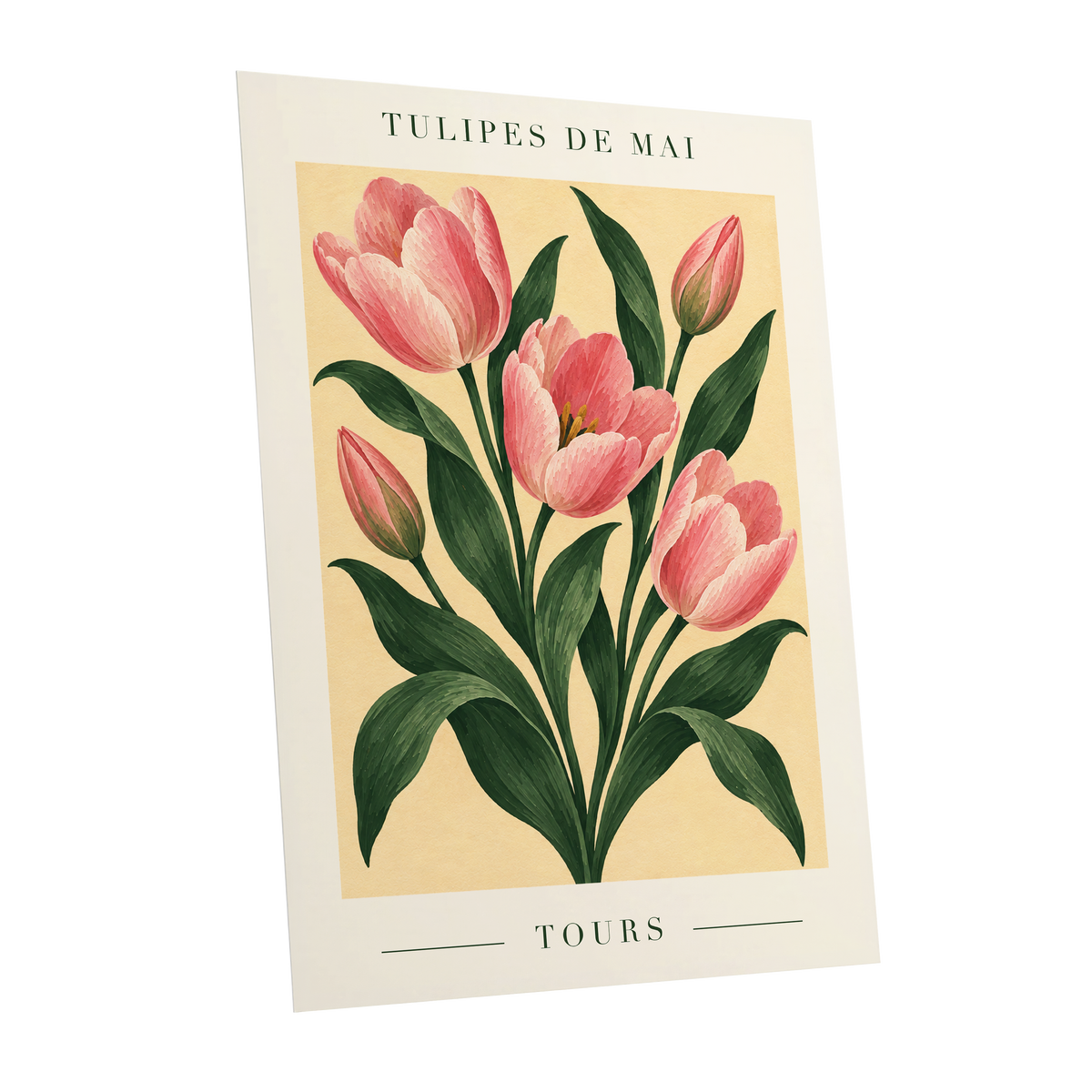 Tours in Bloom, pink, green, beige floral wall art shown as a unframed poster wall art print